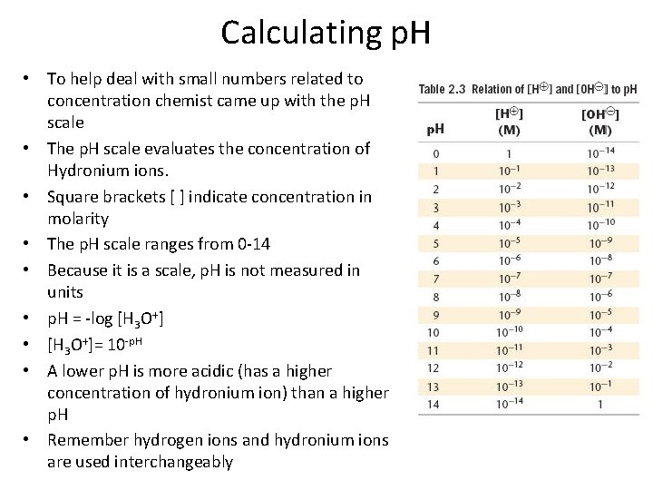 Calculating p. H • To help deal with small numbers related to concentration chemist