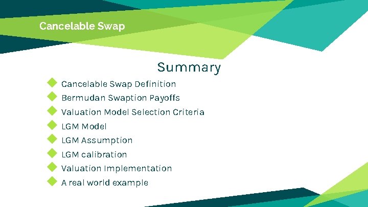 Cancelable Swap Summary ◆ Cancelable Swap Definition ◆ Bermudan Swaption Payoffs ◆ Valuation Model