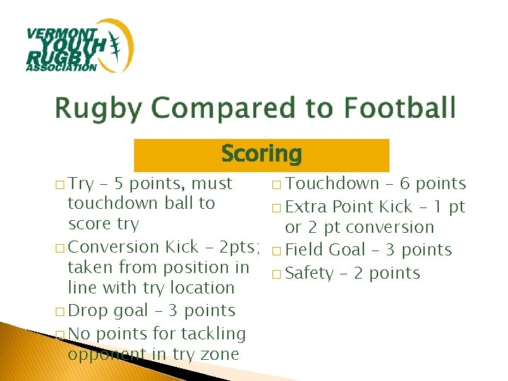 � Try Scoring – 5 points, must touchdown ball to score try � Conversion