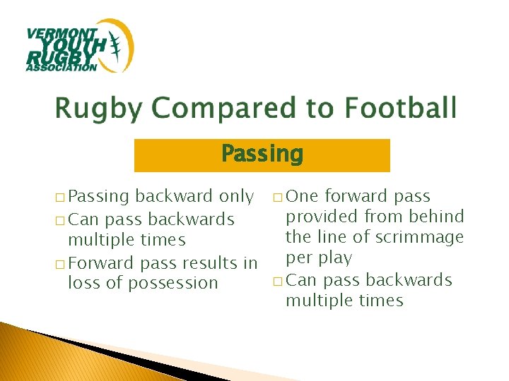 Passing � Passing backward only � Can pass backwards multiple times � Forward pass