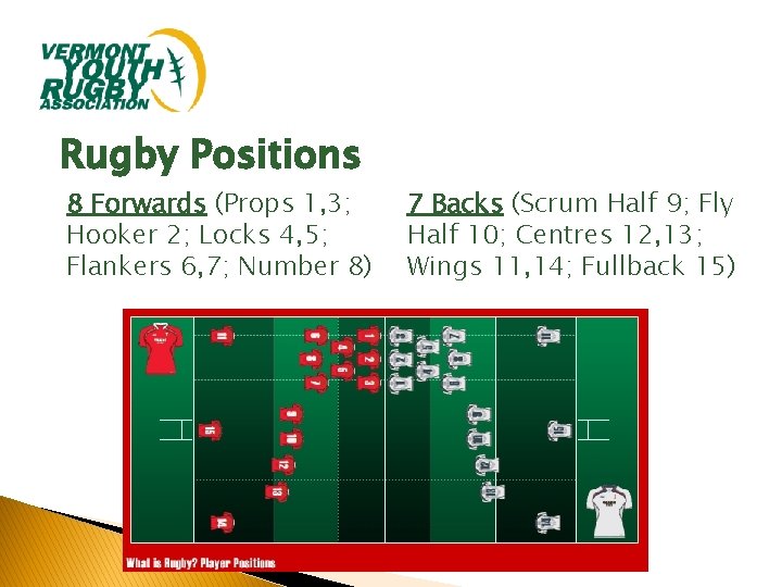 Rugby Positions 8 Forwards (Props 1, 3; Hooker 2; Locks 4, 5; Flankers 6,