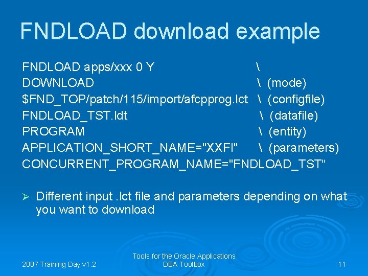 FNDLOAD download example FNDLOAD apps/xxx 0 Y  DOWNLOAD  (mode) $FND_TOP/patch/115/import/afcpprog. lct 