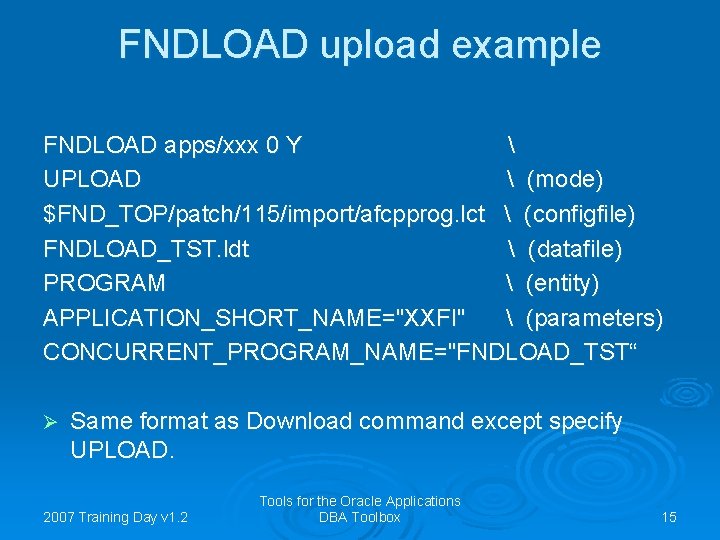 FNDLOAD upload example FNDLOAD apps/xxx 0 Y  UPLOAD  (mode) $FND_TOP/patch/115/import/afcpprog. lct 