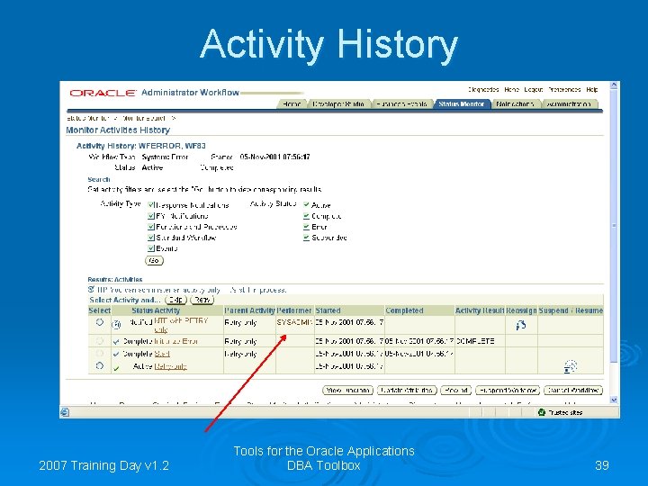 Activity History 2007 Training Day v 1. 2 Tools for the Oracle Applications DBA