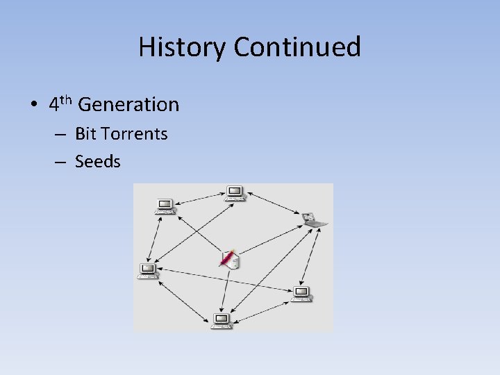 History Continued • 4 th Generation – Bit Torrents – Seeds 