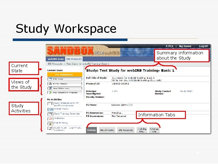 Study Workspace Summary information about the Study Current State Views of the Study Activities