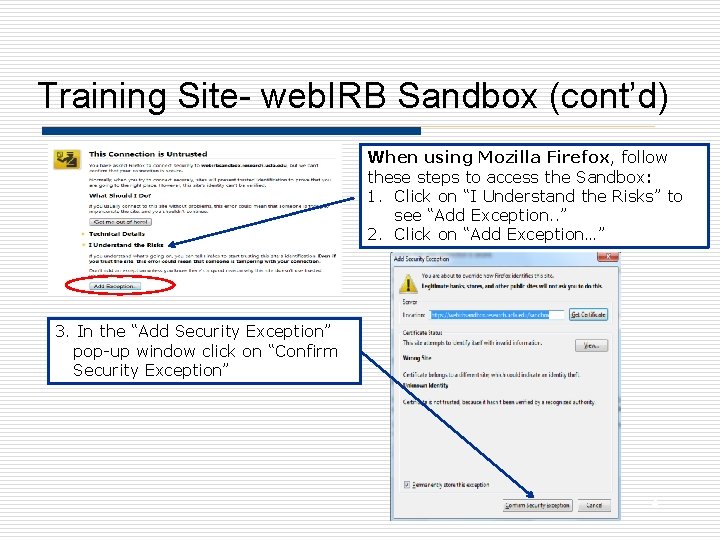 Training Site- web. IRB Sandbox (cont’d) When using Mozilla Firefox, follow these steps to