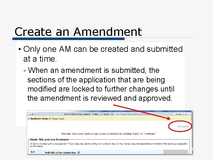 Create an Amendment • Only one AM can be created and submitted at a