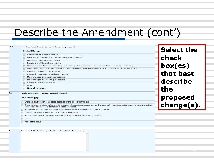 Describe the Amendment (cont’) Select the check box(es) that best describe the proposed change(s).