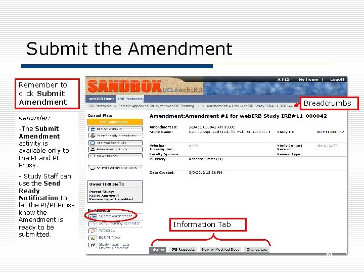 Submit the Amendment Remember to click Submit Amendment Breadcrumbs Reminder: -The Submit Amendment activity