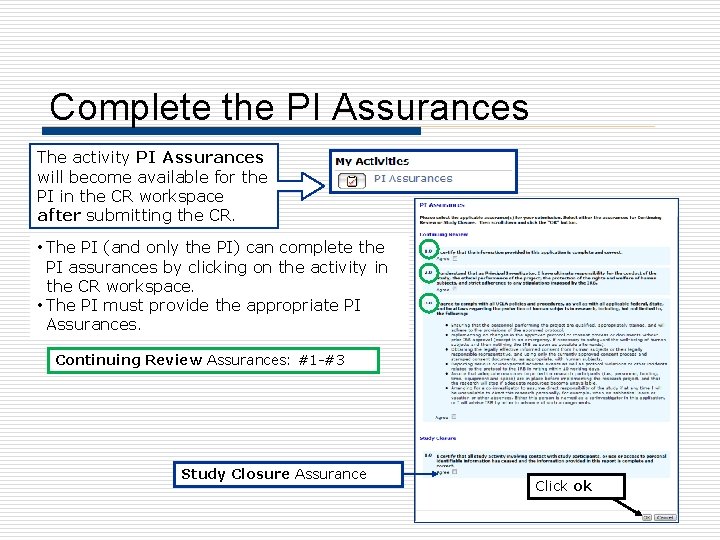 Complete the PI Assurances The activity PI Assurances will become available for the PI