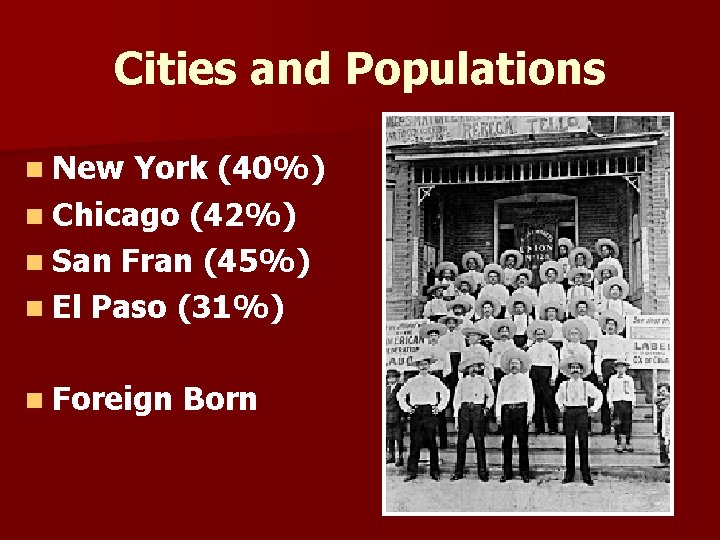 Cities and Populations n New York (40%) n Chicago (42%) n San Fran (45%)
