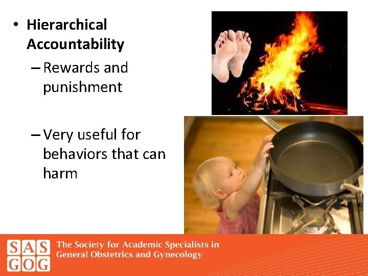  • Hierarchical Accountability – Rewards and punishment – Very useful for behaviors that