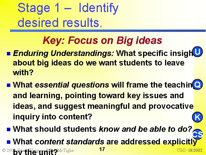 Stage 1 – Identify desired results. Key: Focus on Big ideas U Enduring Understandings: