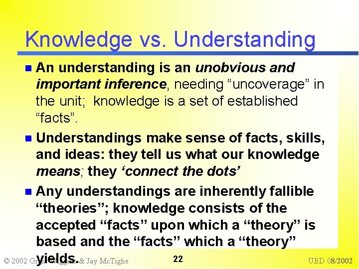 Knowledge vs. Understanding An understanding is an unobvious and important inference, needing “uncoverage” in