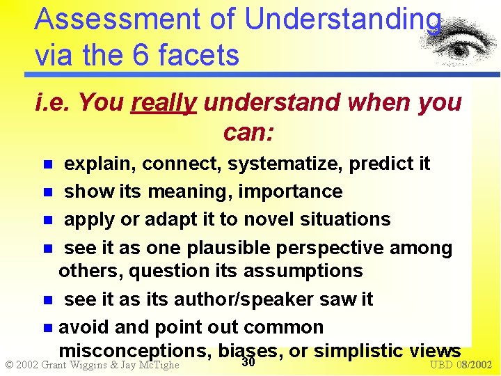 Assessment of Understanding via the 6 facets i. e. You really understand when you