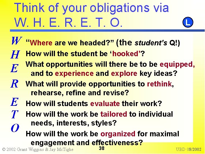 Think of your obligations via W. H. E. R. E. T. O. W H