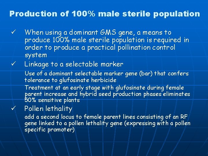 Production of 100% male sterile population ü ü When using a dominant GMS gene,