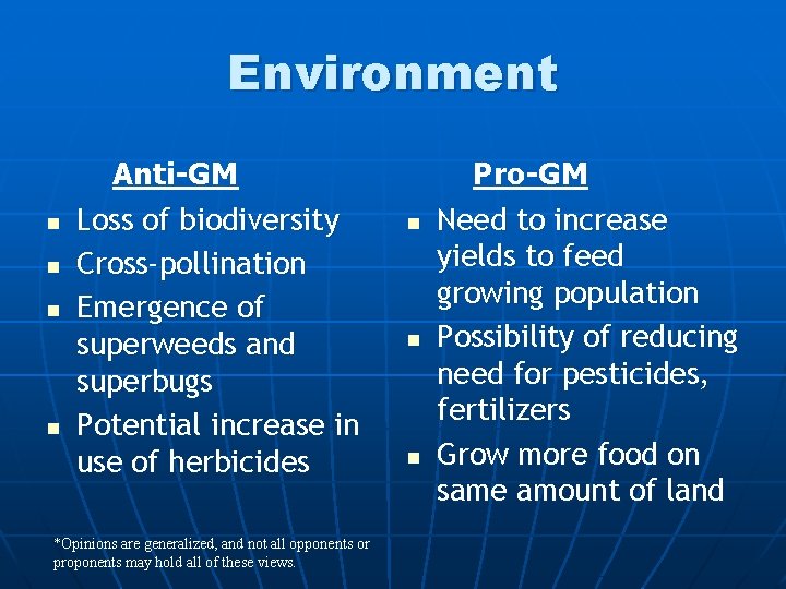 Environment n n Anti-GM Loss of biodiversity Cross-pollination Emergence of superweeds and superbugs Potential