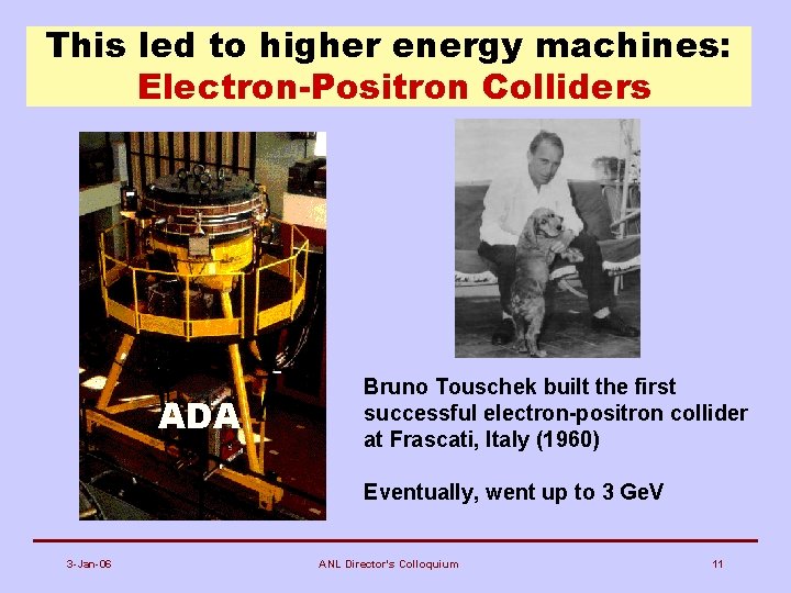 This led to higher energy machines: Electron-Positron Colliders ADA Bruno Touschek built the first