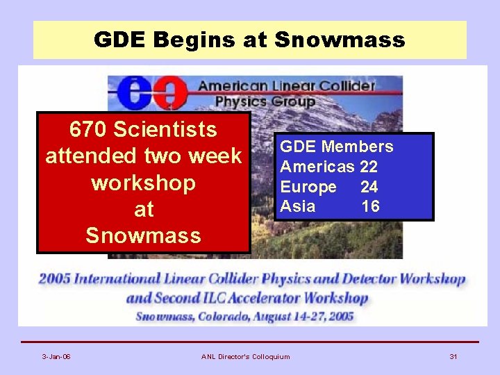 GDE Begins at Snowmass 670 Scientists attended two week workshop at Snowmass 3 -Jan-06