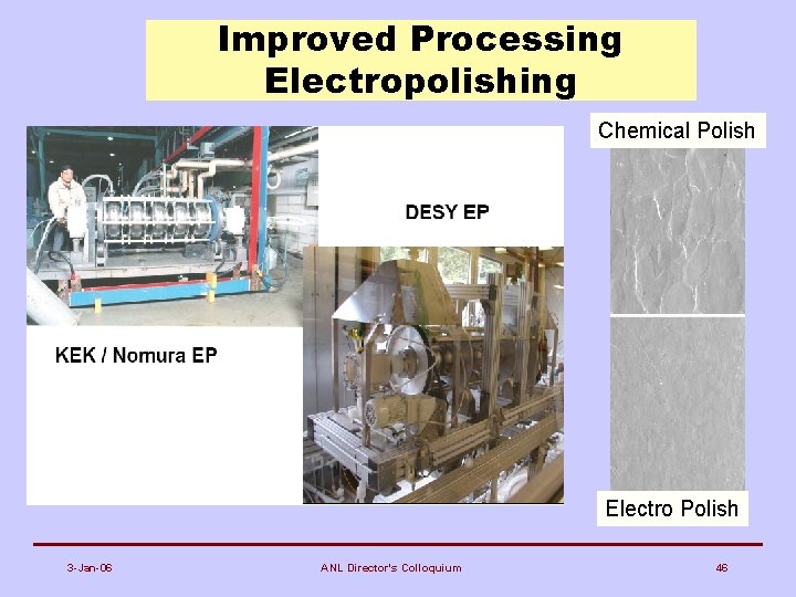 Improved Processing Electropolishing Chemical Polish Electro Polish 3 -Jan-06 ANL Director's Colloquium 46 