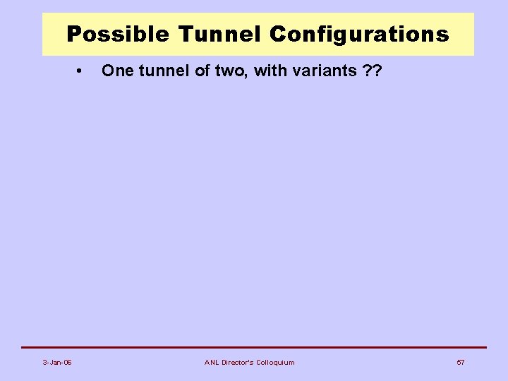 Possible Tunnel Configurations • 3 -Jan-06 One tunnel of two, with variants ? ?