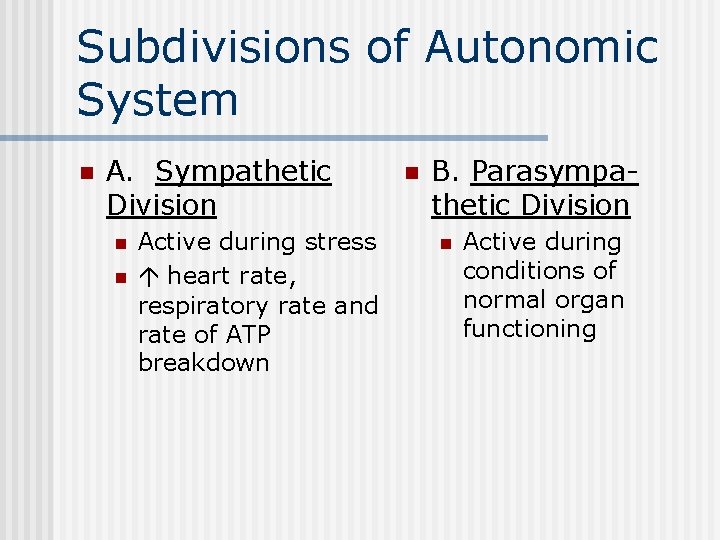 Subdivisions of Autonomic System n A. Sympathetic Division n n Active during stress heart