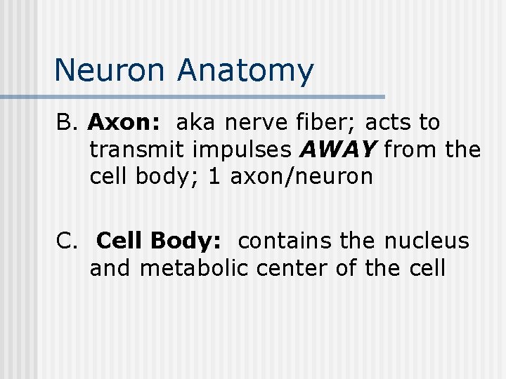 Neuron Anatomy B. Axon: aka nerve fiber; acts to transmit impulses AWAY from the