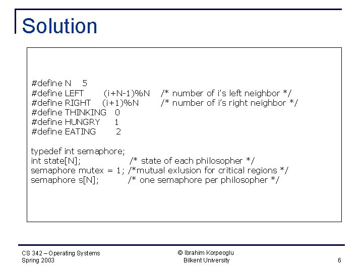Solution #define #define N 5 LEFT (i+N-1)%N RIGHT (i+1)%N THINKING 0 HUNGRY 1 EATING