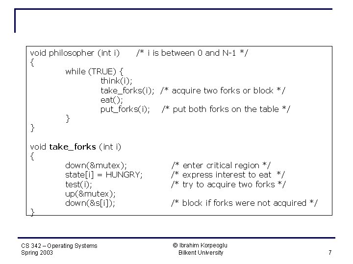 void philosopher (int i) /* i is between 0 and N-1 */ { while