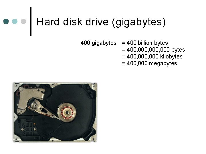 Hard disk drive (gigabytes) 400 gigabytes = 400 billion bytes = 400, 000, 000