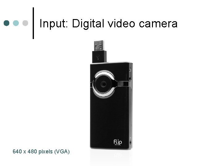 Input: Digital video camera 640 x 480 pixels (VGA) 