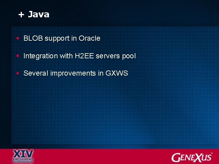 + Java BLOB support in Oracle Integration with H 2 EE servers pool Several