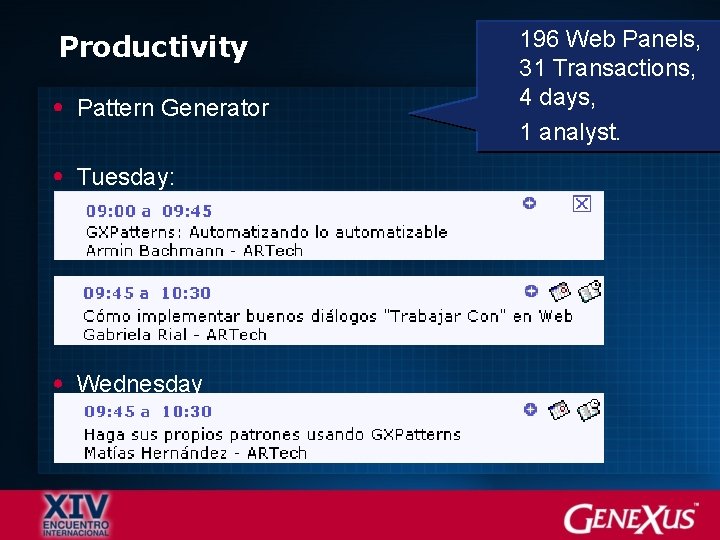 Productivity Pattern Generator Tuesday: Wednesday 196 Web Panels, 31 Transactions, 4 days, 1 analyst.