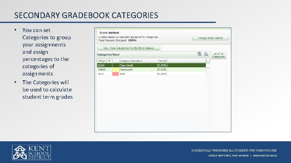 SECONDARY GRADEBOOK CATEGORIES • You can set Categories to group your assignments and assign