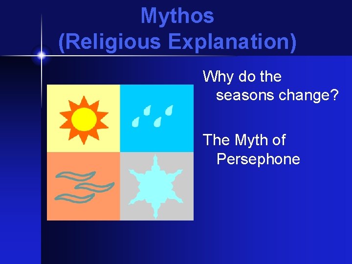 Mythos (Religious Explanation) Why do the seasons change? The Myth of Persephone 