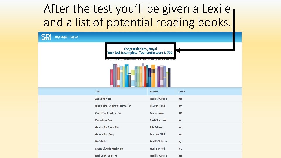 After the test you’ll be given a Lexile and a list of potential reading