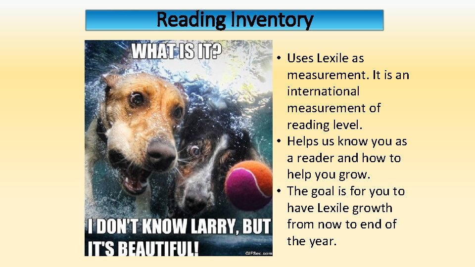 Reading Inventory • Uses Lexile as measurement. It is an international measurement of reading