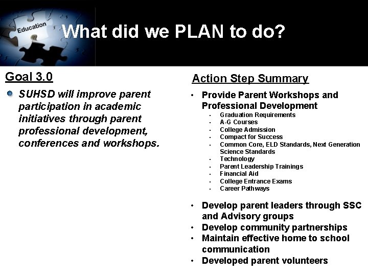 What did we PLAN to do? Goal 3. 0 SUHSD will improve parent participation