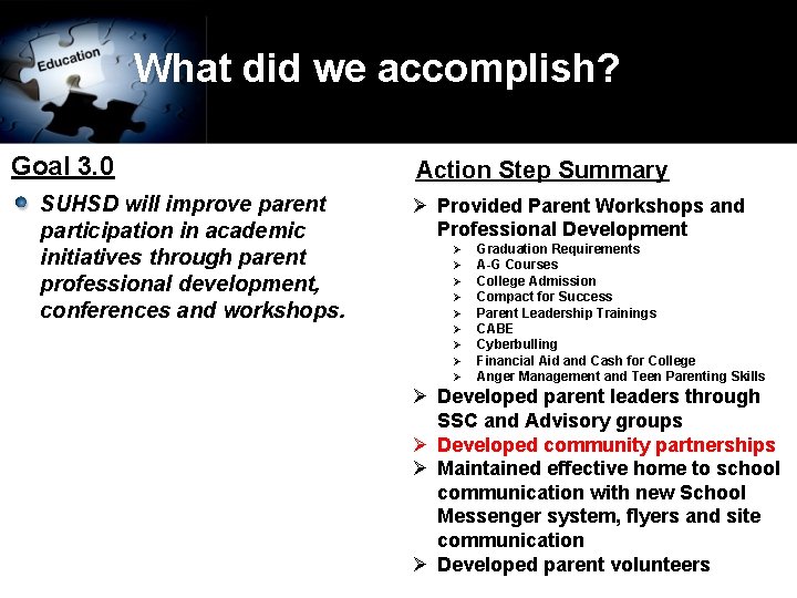 What did we accomplish? Goal 3. 0 SUHSD will improve parent participation in academic