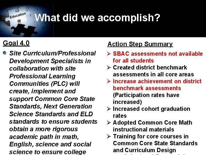 What did we accomplish? Goal 4. 0 Site Curriculum/Professional Development Specialists in collaboration with