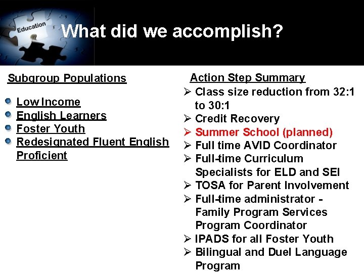 What did we accomplish? Subgroup Populations Low Income English Learners Foster Youth Redesignated Fluent