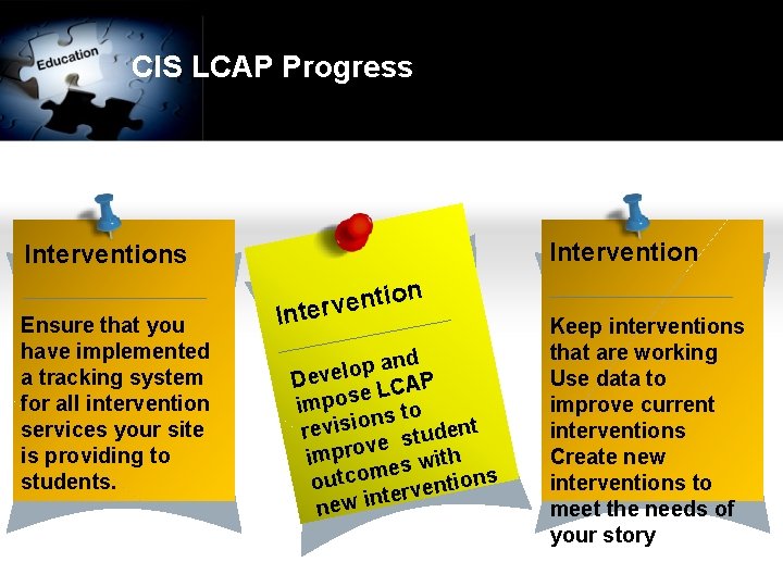 CIS LCAP Progress Interventions Ensure that you have implemented a tracking system for all