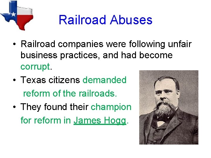 Railroad Abuses • Railroad companies were following unfair business practices, and had become corrupt.