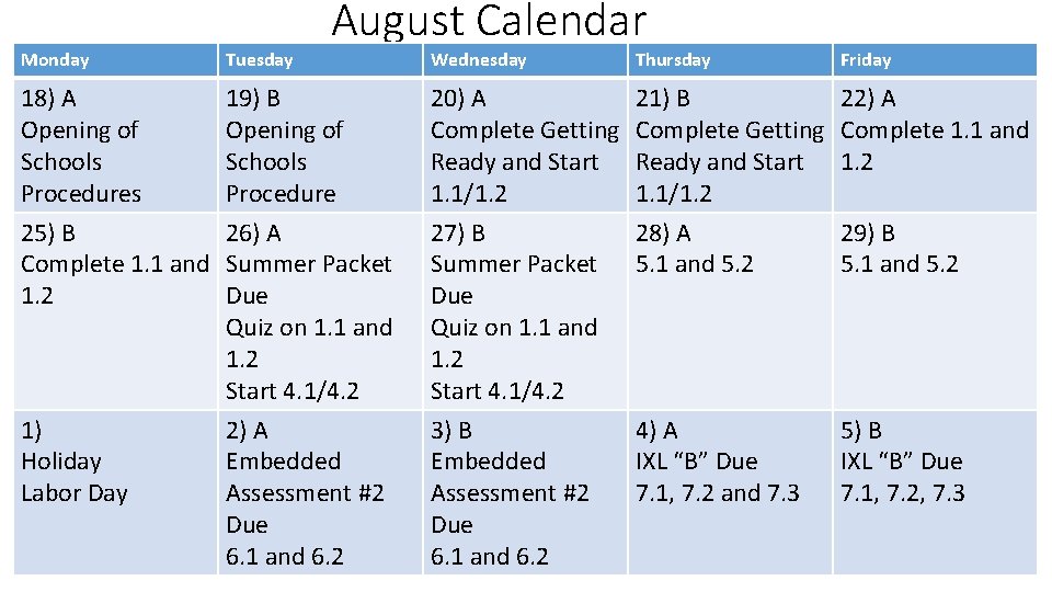 August Calendar Monday Tuesday 18) A Opening of Schools Procedures 19) B Opening of August Calendar Monday Tuesday 18) A Opening of Schools Procedures 19) B Opening of