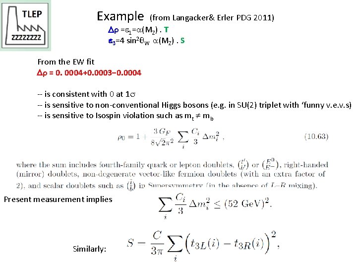  Example (from Langacker& Erler PDG 2011) ρ = 1= (MZ). T 3=4 sin