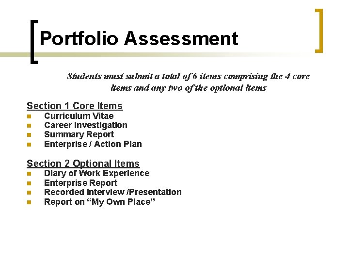 Portfolio Assessment Students must submit a total of 6 items comprising the 4 core