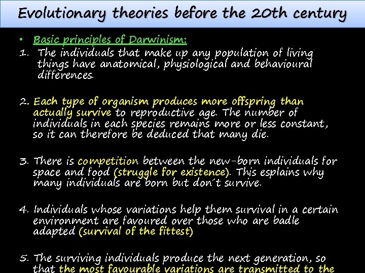 Evolutionary theories before the 20 th century • Basic principles of Darwinism: 1. The