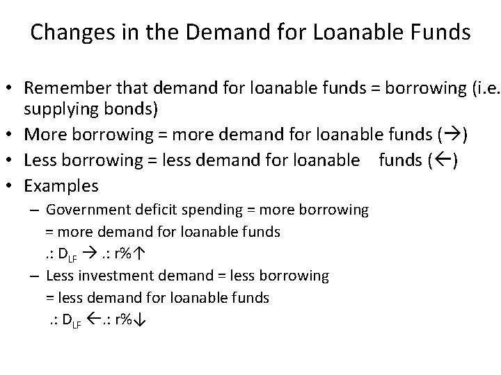 Changes in the Demand for Loanable Funds • Remember that demand for loanable funds
